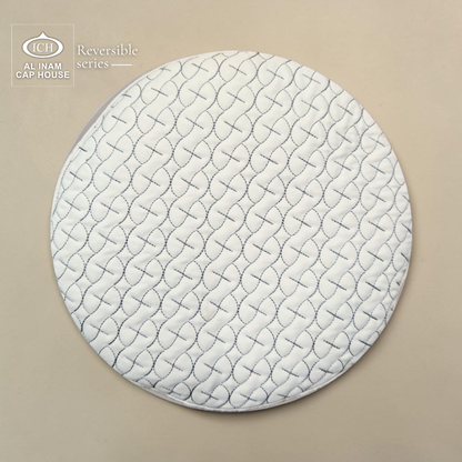 Top view of AL INAM Grey Islamic Prayer Cap A-25 highlighting elegant embroidered design, premium breathable cotton fabric, lightweight comfort and superior craftsmanship for prayer and everyday use.