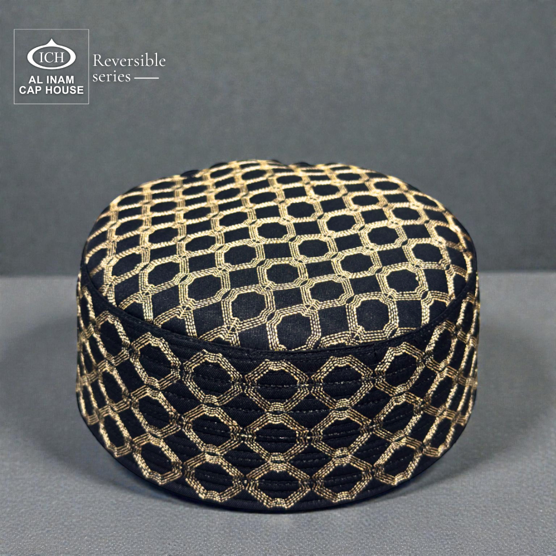 Side profile of AL INAM ICH Reversible Black and Gold Muslim Kufi Cap made with soft cotton fabric, structured fit design, elegant dual-tone detailing and comfortable breathable material for masjid and special occasions.
