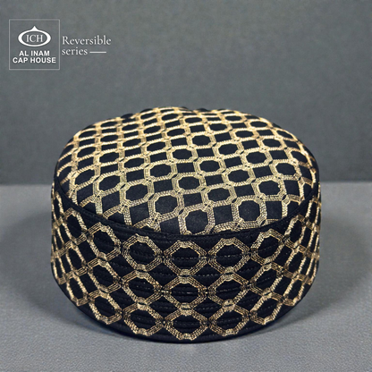 Side profile of AL INAM ICH Reversible Black and Gold Muslim Kufi Cap made with soft cotton fabric, structured fit design, elegant dual-tone detailing and comfortable breathable material for masjid and special occasions.