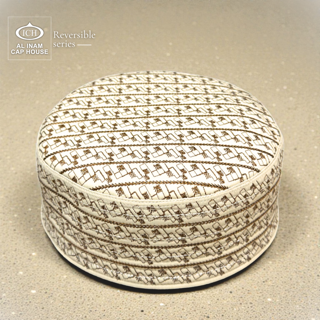 Top front angle of AL INAM ICH Reversible Cotton Islamic Prayer Cap showcasing detailed stitching, structured round design and elegant modest look suitable for masjid and religious occasions.