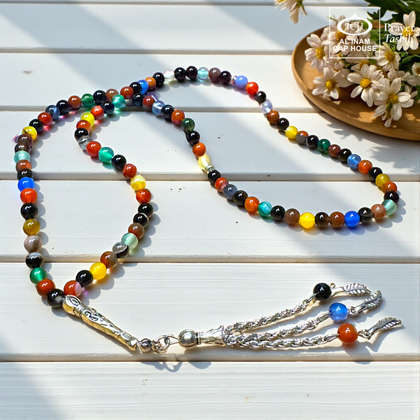 Main display view of AL INAM AQEEQ Tasbih ICH-0000-T16 handcrafted with authentic agate stones featuring deep brown and reddish earthy tones, premium Islamic prayer beads for dhikr, duas, Ramadan, Hajj, Umrah and daily spiritual practice.