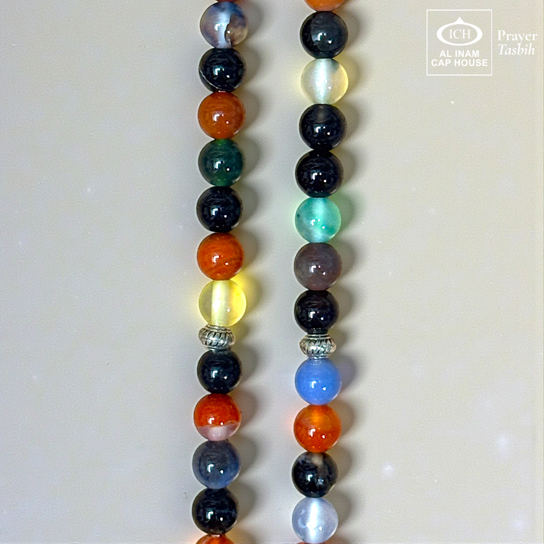 Close-up detail of AL INAM AQEEQ Tasbih highlighting natural agate stone banded patterns, smooth glossy finish and premium craftsmanship Islamic dhikr beads design.