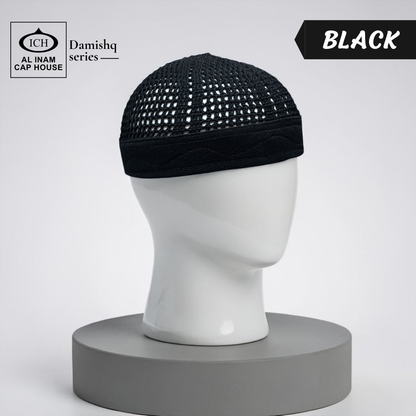 Front view of AL INAM Damishk Islamic Knitted Cap ICH-0001-N16 featuring breathable soft knitted fabric and elegant Muslim prayer cap design for everyday Islamic wear.