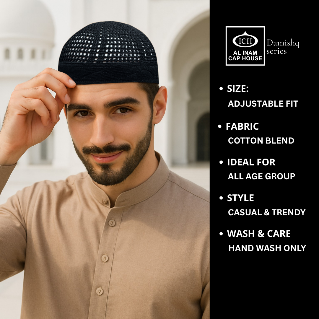 Model view of AL INAM Damishk Islamic Knitted Cap showing lightweight comfortable kufi cap fitting suitable for namaz, Jummah and casual daily use.