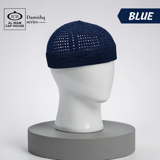 Front view of AL INAM Damishk Islamic Knitted Cap ICH-0003-N16 featuring breathable knitted fabric and comfortable Muslim prayer cap design for daily wear.