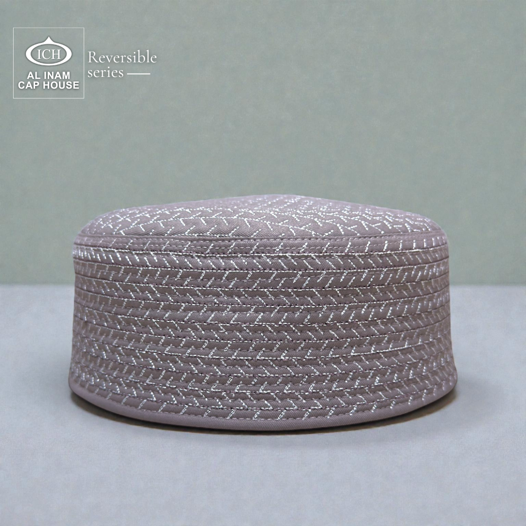 Front view of AL INAM ICH Grey Reversible Islamic Prayer Cap ICH-0000-A20 crafted with premium breathable fabric, elegant textured design, lightweight comfortable kufi skull cap for Muslim men, perfect for namaz, Jummah, Eid and daily wear.
