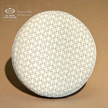 Top view of AL INAM ICH Reversible Islamic Prayer Cap showcasing symmetrical woven pattern, premium lightweight fabric construction, comfortable kufi cap for Muslim men during prayer and gatherings.