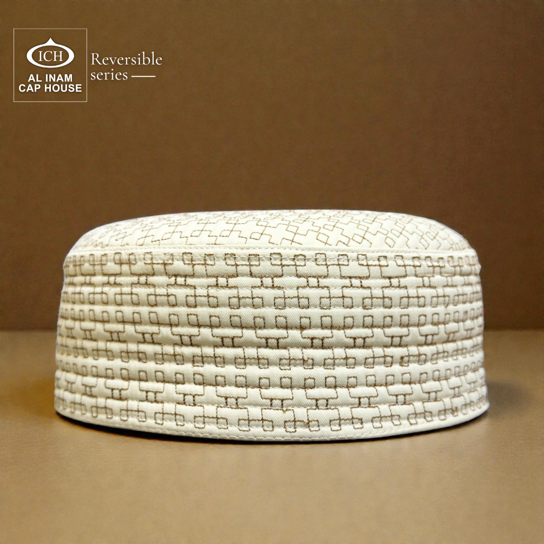 Front view of AL INAM ICH Reversible Islamic Prayer Cap ICH-00001-A21 designed with premium breathable fabric, elegant textured detailing, lightweight and comfortable kufi skull cap for Muslim men, suitable for namaz, Jummah, Eid and daily Islamic wear.