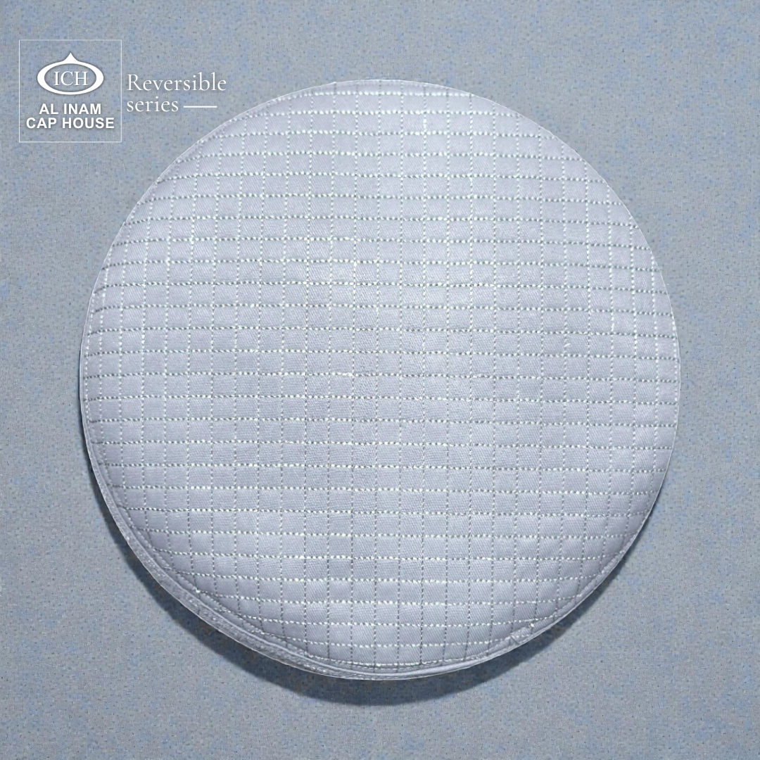 Top pattern design view of AL INAM ICH Reversible Islamic Prayer Cap featuring symmetrical textured craftsmanship, breathable cotton construction and lightweight skull cap comfort for Muslim men