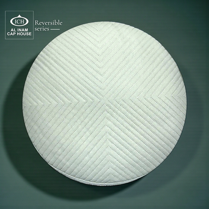 Top design detail of AL INAM ICH Reversible Islamic Prayer Cap showcasing symmetrical woven texture, breathable cotton construction and lightweight skull cap comfort for Muslim men during prayers.