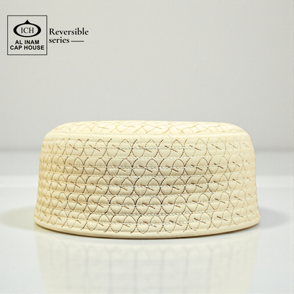 Front view of AL INAM ICH Reversible Islamic Prayer Cap ICH-00002-A19 crafted with premium breathable fabric, elegant textured design, lightweight and comfortable kufi skull cap for Muslim men, ideal for namaz, Jummah, Eid and daily wear.