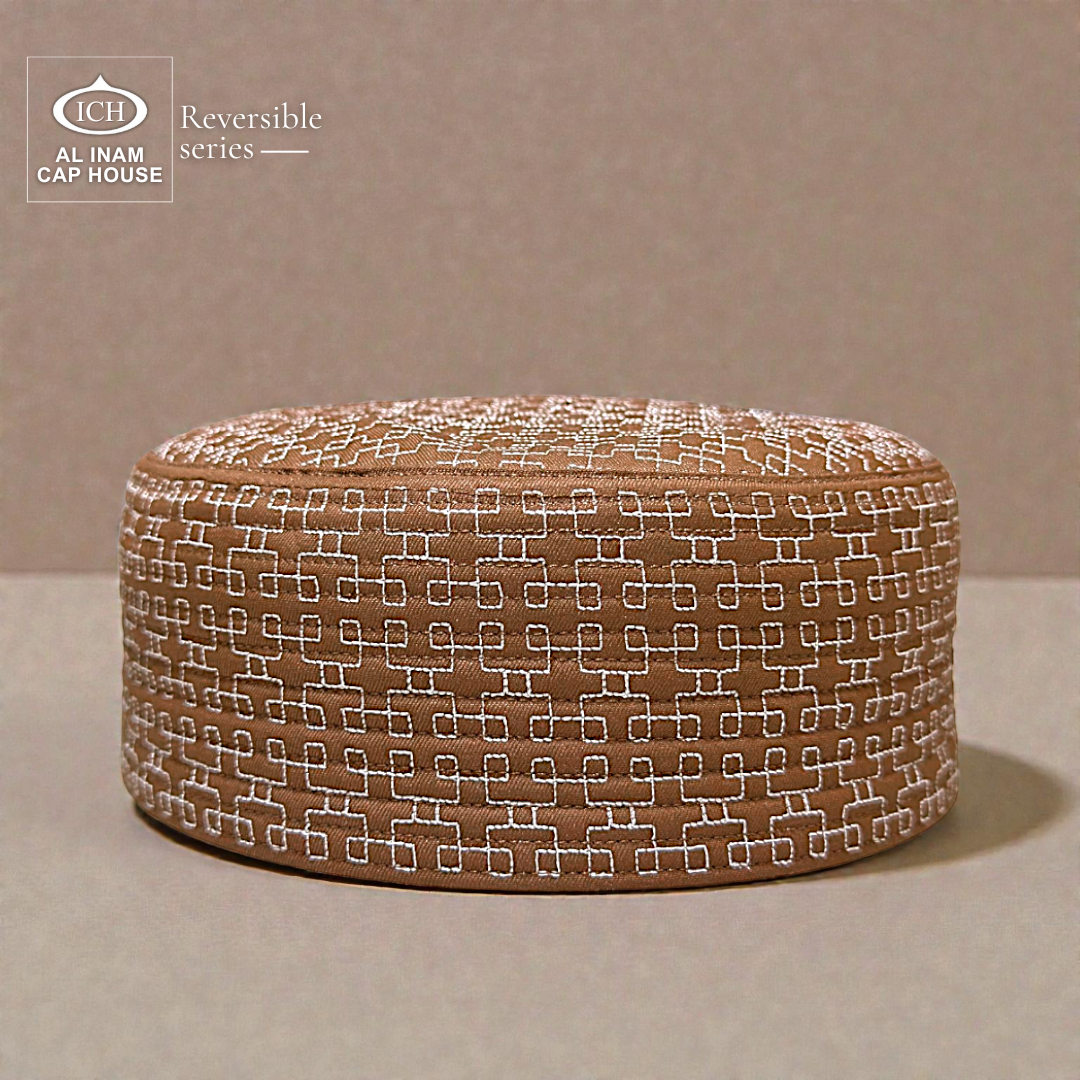 Front view of AL INAM ICH Reversible Islamic Prayer Cap ICH-00002-A21 crafted with soft breathable cotton fabric, elegant traditional pattern, premium lightweight kufi skull cap for Muslim men, ideal for namaz, Friday prayer, Eid and everyday wear.
