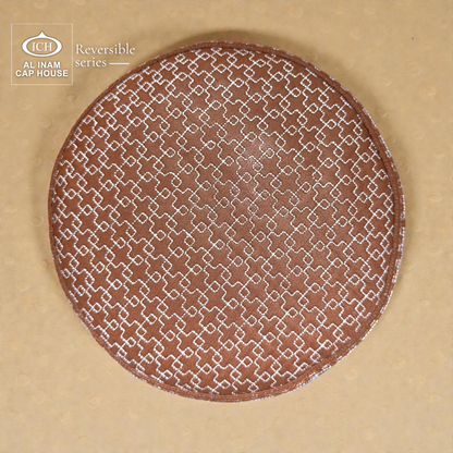 Top view of AL INAM ICH Reversible Islamic Prayer Cap featuring symmetrical woven detailing, lightweight breathable cotton fabric and premium craftsmanship kufi cap for Muslim men.