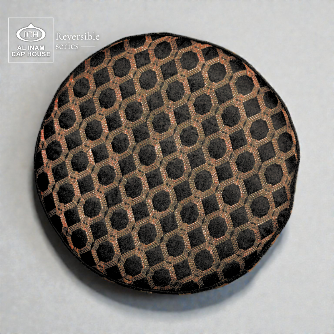 Top detail pattern view of AL INAM ICH Reversible Islamic Skull Cap in black and bronze highlighting symmetrical woven texture, soft cotton material and breathable lightweight comfort for extended prayer sessions.
