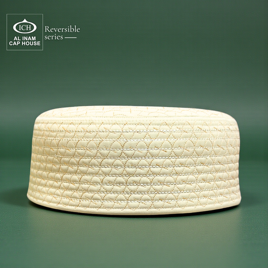 Front view of AL INAM ICH Reversible Islamic Prayer Cap ICH-00003-A19 featuring premium breathable fabric, elegant woven pattern, lightweight and comfortable kufi skull cap for Muslim men, suitable for namaz, Jummah prayer, Eid and everyday wear.