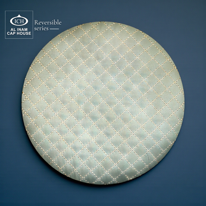 Top texture focus view of AL INAM ICH Reversible Islamic Prayer Cap showcasing symmetrical woven pattern, durable cotton craftsmanship and comfortable skull cap fit for Muslim men during daily prayers.