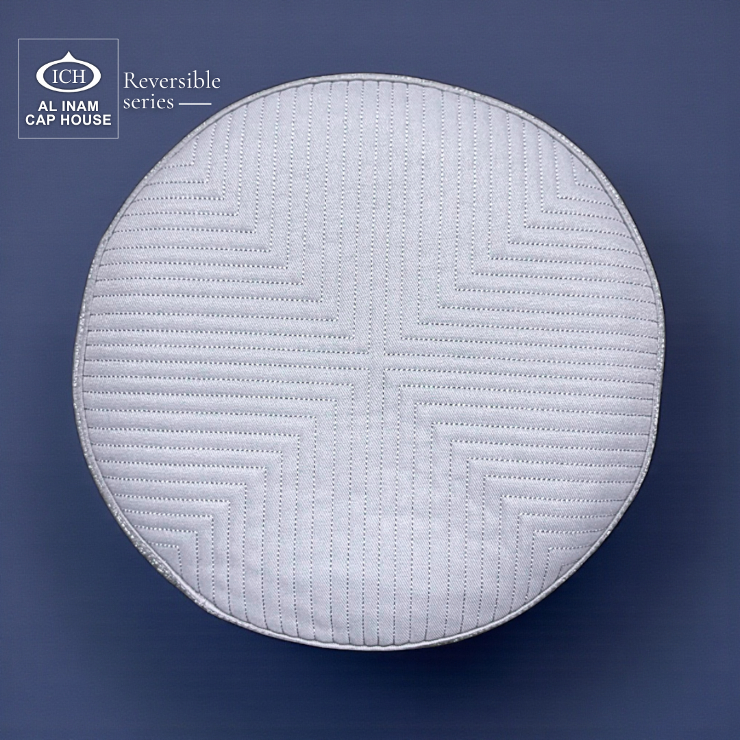 Top pattern view of AL INAM ICH Reversible Islamic Skull Cap showing symmetrical woven texture, breathable cotton material and durable lightweight comfort for extended prayer use.