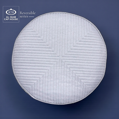 Top pattern view of AL INAM ICH Reversible Islamic Skull Cap showing symmetrical woven texture, breathable cotton material and durable lightweight comfort for extended prayer use.
