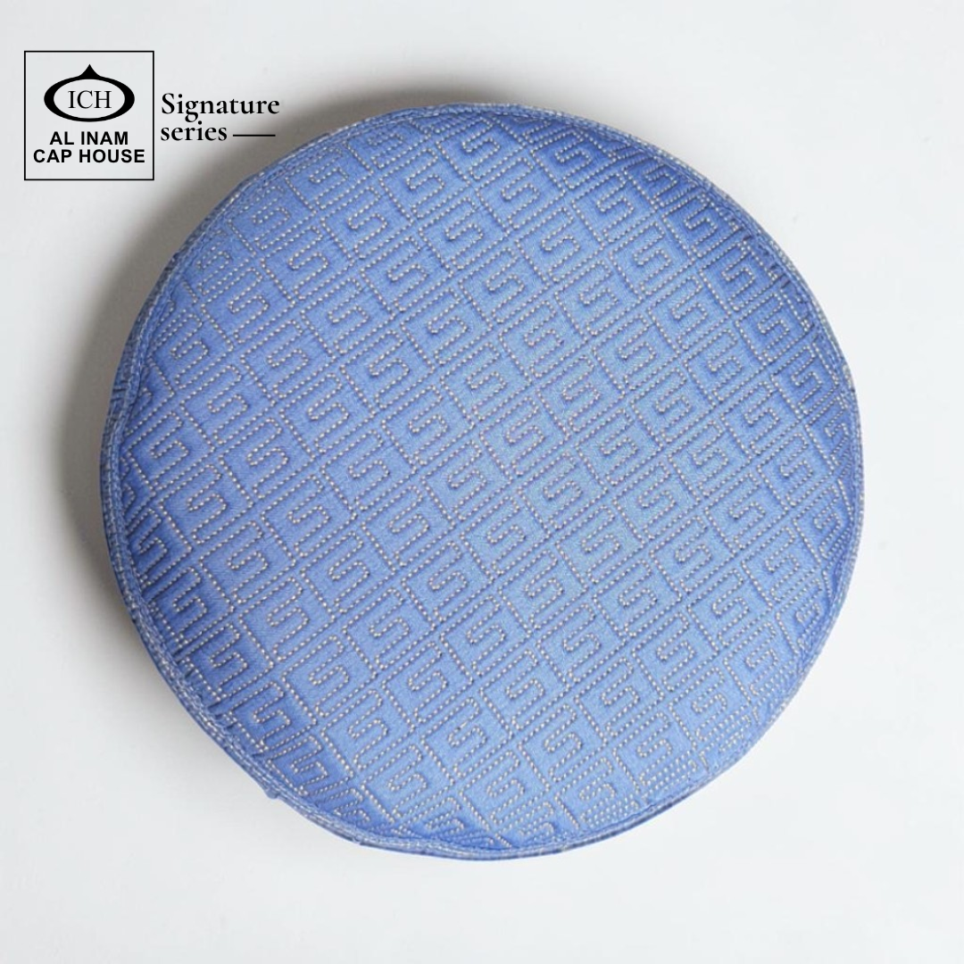 Top view of AL INAM Blue Islamic Prayer Cap featuring clean textured pattern, breathable cotton construction and lightweight skull cap comfort for Muslim men.