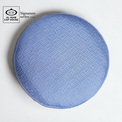Top view of AL INAM Blue Islamic Prayer Cap featuring clean textured pattern, breathable cotton construction and lightweight skull cap comfort for Muslim men.