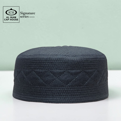 Front elegant view of AL INAM Islamic Prayer Cap ICH-0001-A07 crafted with premium soft breathable fabric, classic kufi skull cap design for Muslim men, lightweight and comfortable for namaz, Jummah prayer, Eid and daily wear.