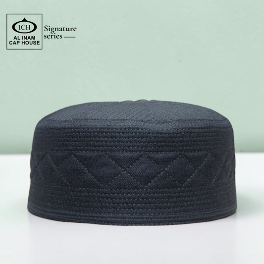 Front elegant view of AL INAM Islamic Prayer Cap ICH-0001-A07 crafted with premium soft breathable fabric, classic kufi skull cap design for Muslim men, lightweight and comfortable for namaz, Jummah prayer, Eid and daily wear.