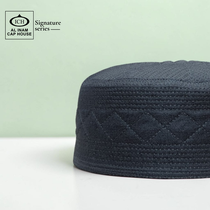 Side profile view of AL INAM Islamic Prayer Cap showing structured fit, smooth stitching, breathable cotton fabric and comfortable skull cap design for Muslim men.