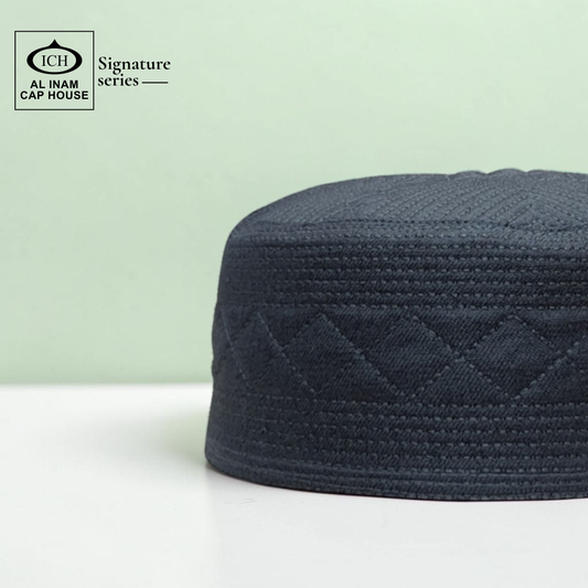 Side profile view of AL INAM Islamic Prayer Cap showing structured fit, smooth stitching, breathable cotton fabric and comfortable skull cap design for Muslim men.