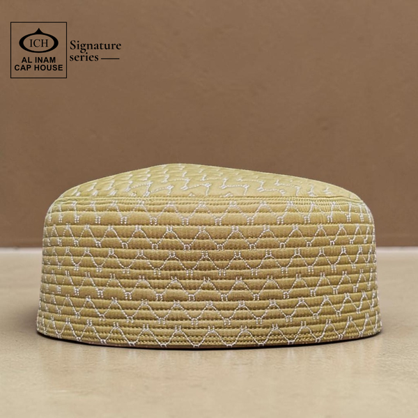 Front style view of AL INAM Islamic Prayer Cap ICH-0002-A11 made with soft breathable cotton fabric, classic kufi skull cap design for Muslim men, lightweight comfortable fit ideal for namaz, Jummah prayer, Eid and daily wear.