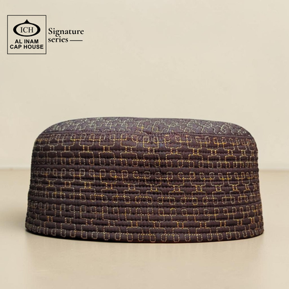 Front elegance view of AL INAM Islamic Prayer Cap ICH-0003-A11 crafted with soft breathable cotton fabric, traditional kufi skull cap design for Muslim men, lightweight comfortable wear for namaz, Jummah, Eid and everyday use.