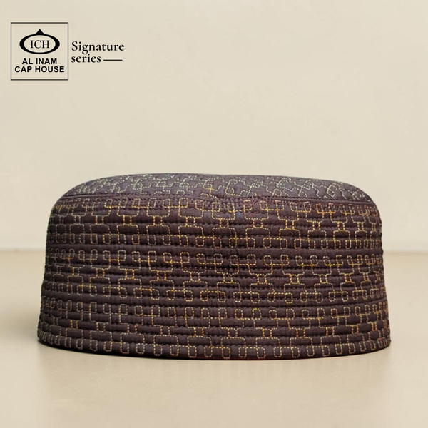 Front elegance view of AL INAM Islamic Prayer Cap ICH-0003-A11 crafted with soft breathable cotton fabric, traditional kufi skull cap design for Muslim men, lightweight comfortable wear for namaz, Jummah, Eid and everyday use.