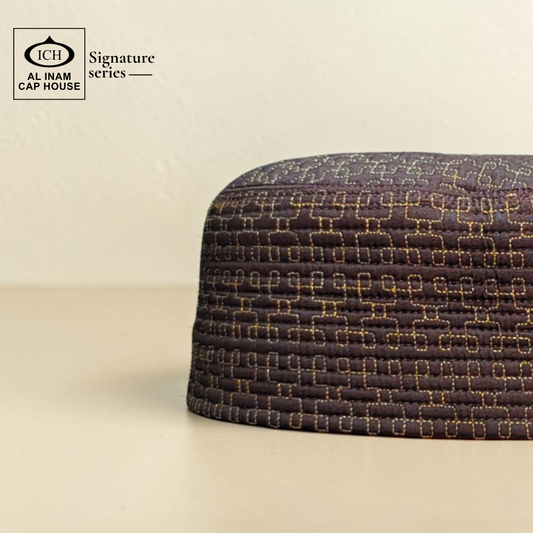 Side profile view of AL INAM Islamic Prayer Cap featuring structured fit, smooth stitching and breathable cotton material for comfortable skull cap wear in daily Islamic activities.