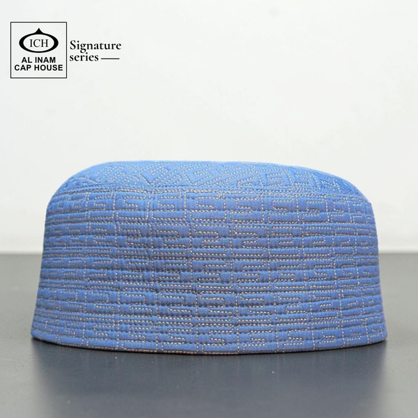 Front view of AL INAM Blue Islamic Prayer Cap ICH-0001-A11 crafted with soft breathable cotton fabric, elegant kufi skull cap design for Muslim men, lightweight comfortable fit for namaz, Jummah prayer, Eid and daily wear.