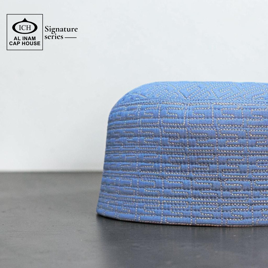 Side profile view of AL INAM Blue Islamic Prayer Cap showing structured fit, smooth stitching, breathable cotton material and comfortable skull cap design for everyday Islamic use.