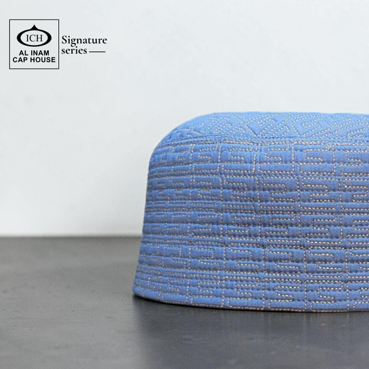 Side profile view of AL INAM Blue Islamic Prayer Cap showing structured fit, smooth stitching, breathable cotton material and comfortable skull cap design for everyday Islamic use.