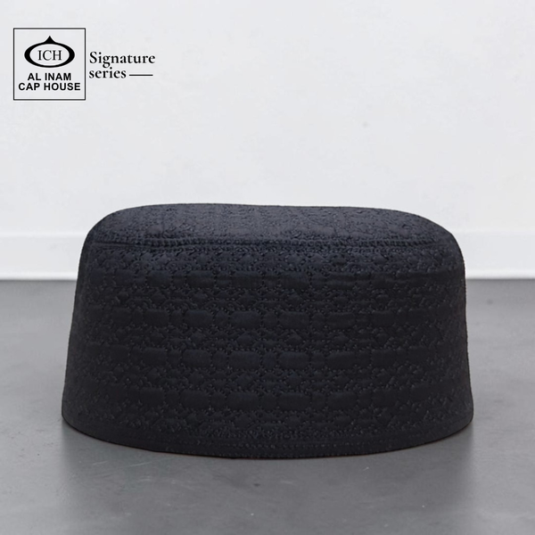 Front view of AL INAM Black Islamic Prayer Cap ICH-0000-A13 made with soft breathable cotton fabric, classic kufi skull cap for Muslim men, lightweight comfortable for namaz, Jummah prayer, Eid and daily wear.