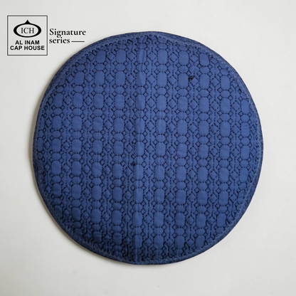 Top view of AL INAM Blue Islamic Prayer Cap featuring smooth pattern finish, breathable cotton fabric and lightweight kufi comfort.