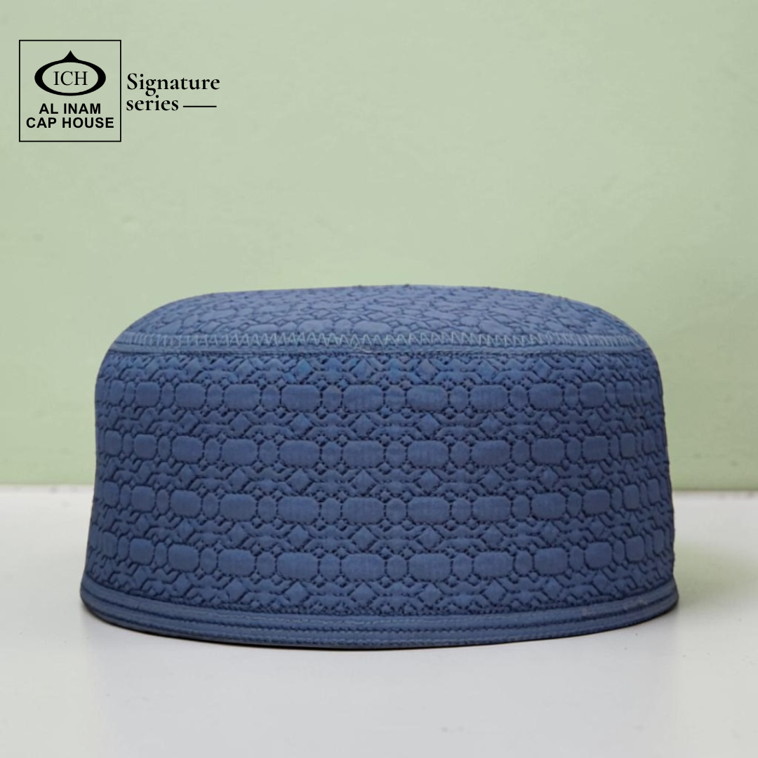 Front view of AL INAM Blue Islamic Prayer Cap ICH-0000-A13 crafted with breathable cotton fabric, classic kufi skull cap for Muslim men, ideal for namaz, Jummah and daily wear.