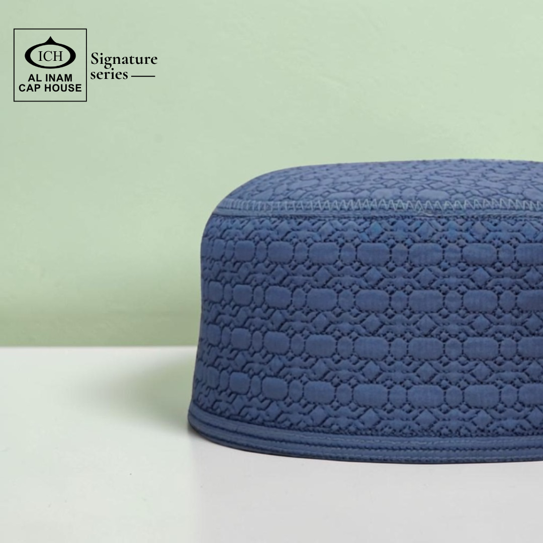 Side profile view of AL INAM Blue Islamic Prayer Cap showing structured fit, neat stitching and comfortable cotton skull cap design.