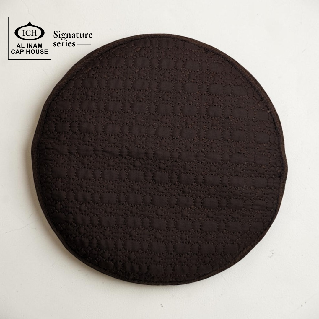 Top view of AL INAM Brown Islamic Prayer Cap featuring textured pattern, breathable cotton construction and lightweight skull cap comfort.