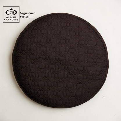 Top view of AL INAM Brown Islamic Prayer Cap featuring textured pattern, breathable cotton construction and lightweight skull cap comfort.