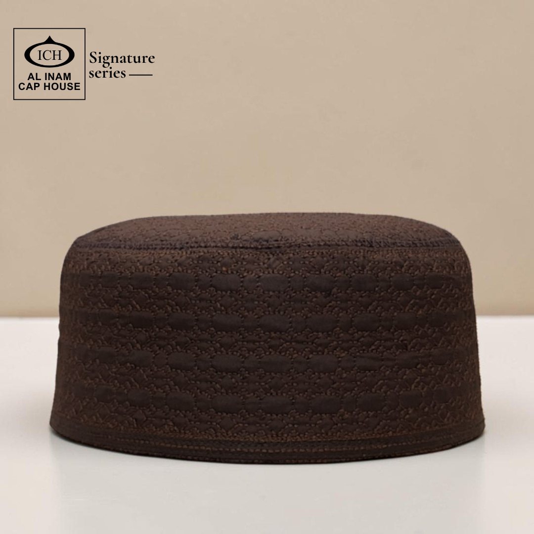 Front view of AL INAM Brown Islamic Prayer Cap ICH-0000-A13 made with soft breathable cotton fabric, traditional kufi skull cap for Muslim men, comfortable for namaz and everyday wear.