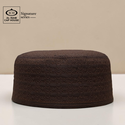 Front view of AL INAM Brown Islamic Prayer Cap ICH-0000-A13 made with soft breathable cotton fabric, traditional kufi skull cap for Muslim men, comfortable for namaz and everyday wear.