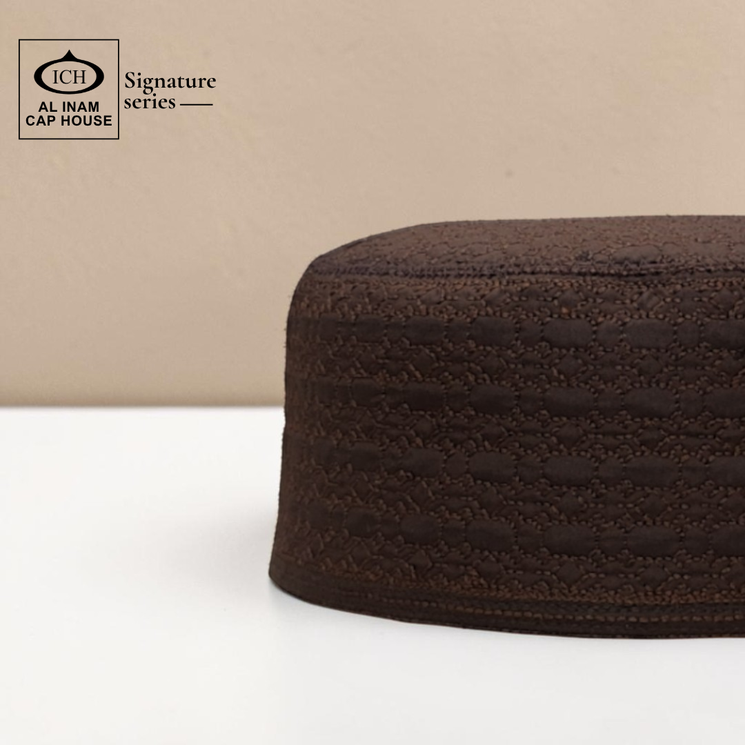 Side profile view of AL INAM Brown Islamic Prayer Cap showing structured fit, fine stitching and breathable cotton material.