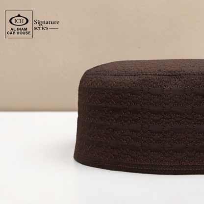 Side profile view of AL INAM Brown Islamic Prayer Cap showing structured fit, fine stitching and breathable cotton material.