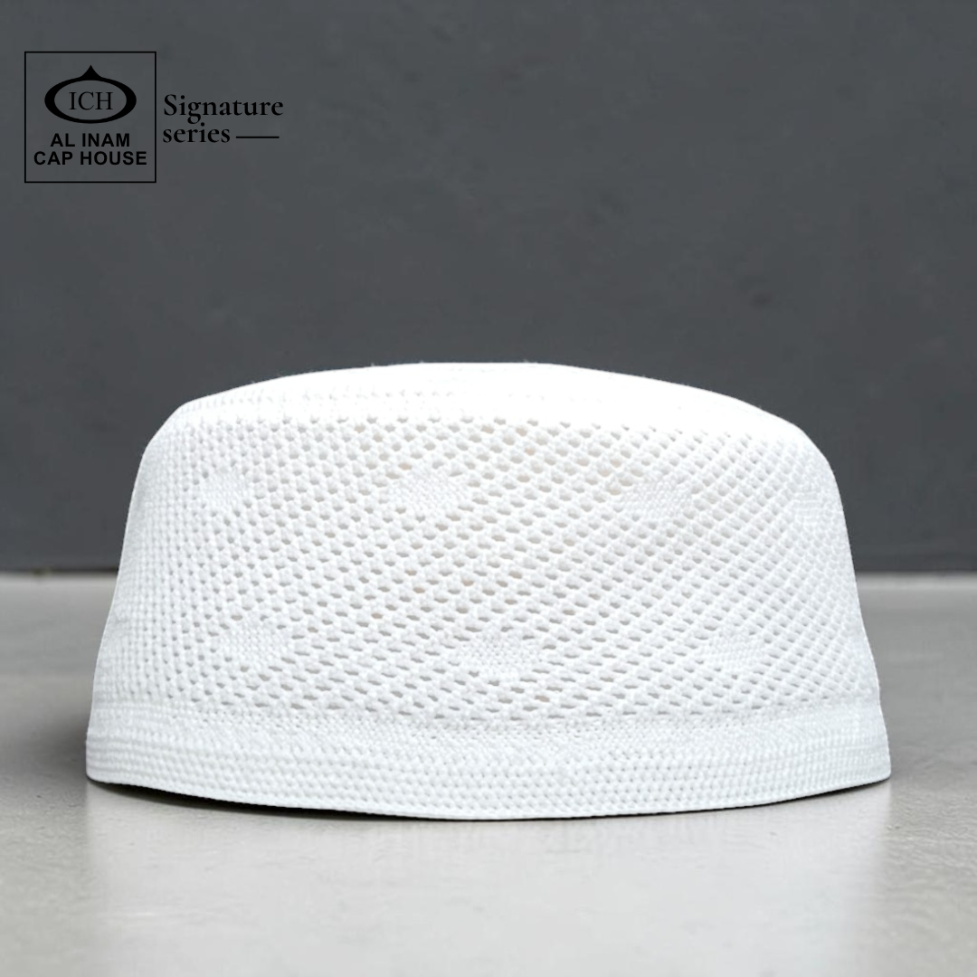 Front view of AL INAM White Islamic Prayer Cap ICH-0000-A14 made with soft breathable cotton fabric, classic kufi skull cap for Muslim men, ideal for namaz, Jummah, Eid and everyday wear.