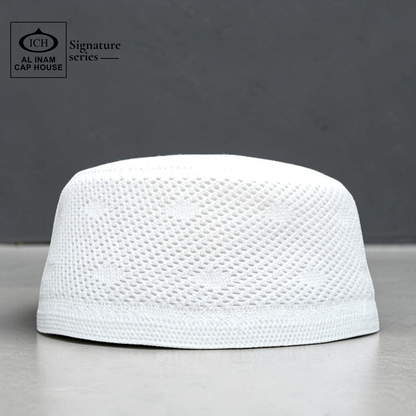 Front view of AL INAM White Islamic Prayer Cap ICH-0000-A14 made with soft breathable cotton fabric, classic kufi skull cap for Muslim men, ideal for namaz, Jummah, Eid and everyday wear.