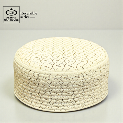 Top front angle of AL INAM ICH Reversible Islamic Kufi Cap showcasing fine stitching, structured traditional pattern, soft breathable material, perfect prayer cap for masjid and special Islamic occasions.