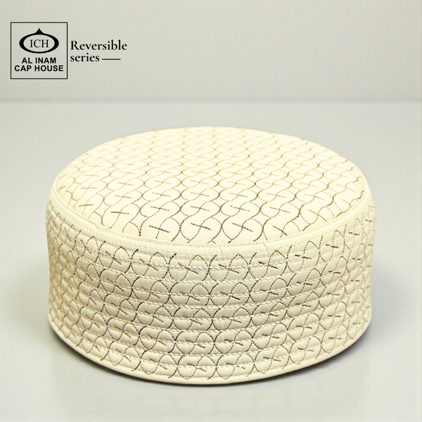 Top front angle of AL INAM ICH Reversible Islamic Kufi Cap showcasing fine stitching, structured traditional pattern, soft breathable material, perfect prayer cap for masjid and special Islamic occasions.