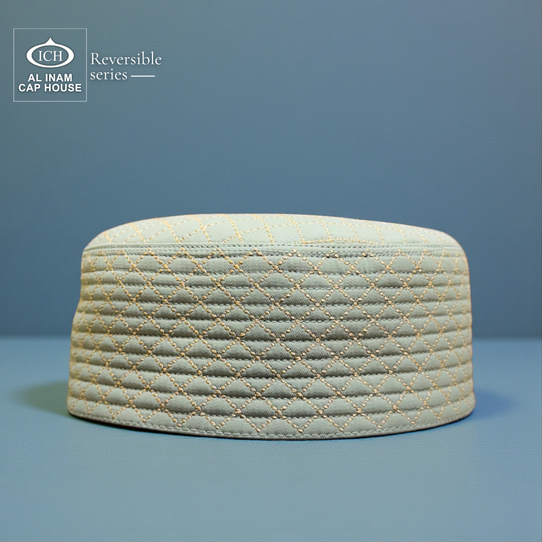 Front view of AL INAM ICH Reversible Islamic Prayer Cap ICH-00003-A22 designed with soft breathable cotton fabric, refined textured detailing, lightweight and comfortable kufi skull cap for Muslim men, suitable for namaz, Jummah, Eid and daily Islamic attire.